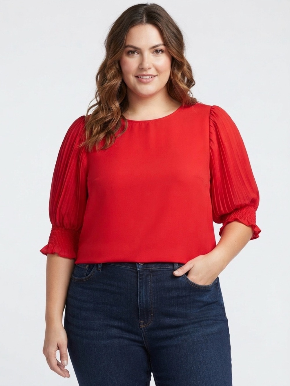 Vine & Love Red Pleated Puff Sleeve Blouse Size S